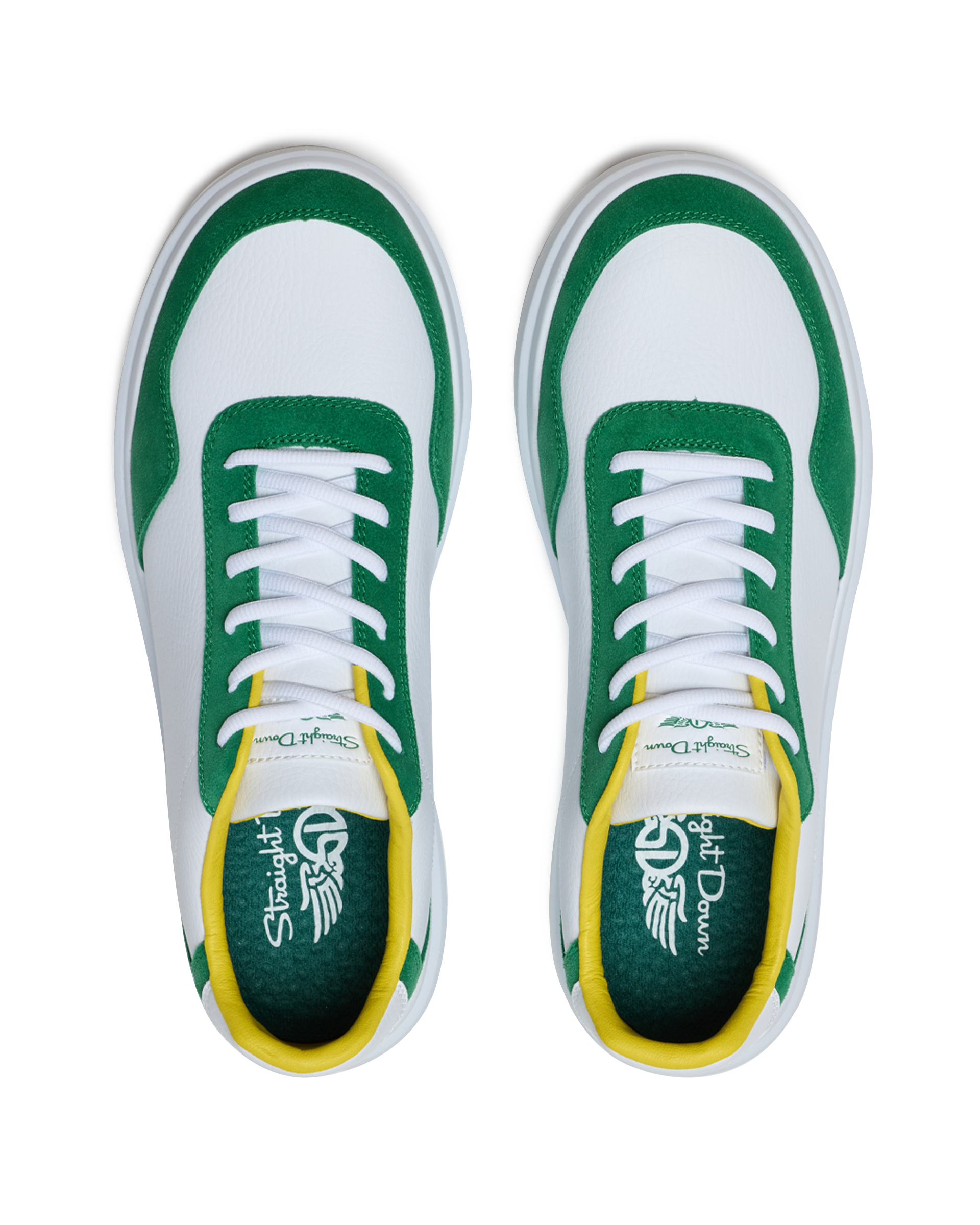 Straight Down Boardwalk Golf Shoe in Verde, top-down view of pair featuring white leather upper, green suede overlays, yellow collar lining, white laces, and green Straight Down wing logo insole