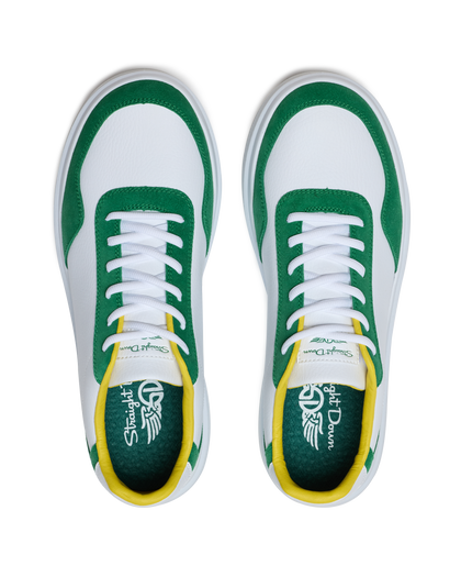 Straight Down Boardwalk Golf Shoe in Verde, top-down view of pair featuring white leather upper, green suede overlays, yellow collar lining, white laces, and green Straight Down wing logo insole