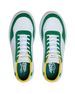 Straight Down Boardwalk Golf Shoe in Verde, top-down view of pair featuring white leather upper, green suede overlays, yellow collar lining, white laces, and green Straight Down wing logo insole