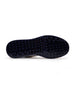 Straight Down Defender Golf Shoe in Camo Stone, bottom sole view featuring navy mixed traction outsole with hexagonal and triangular lugs and white midsole edge