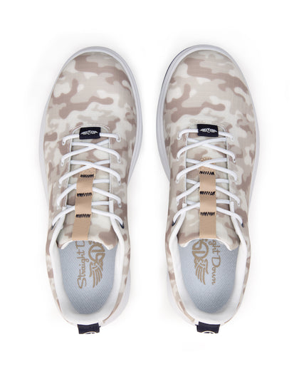 Straight Down Defender Golf Shoe in Camo Stone, top-down view of pair featuring cream and tan desert camouflage print upper, navy Straight Down tongue tab, tan interior pull strap, white laces, and light gray Straight Down wing logo insole