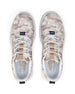 Straight Down Defender Golf Shoe in Camo Stone, top-down view of pair featuring cream and tan desert camouflage print upper, navy Straight Down tongue tab, tan interior pull strap, white laces, and light gray Straight Down wing logo insole