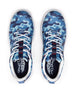 Straight Down Defender Golf Shoe in Camo Ocean, top-down view of pair featuring blue tonal camouflage print upper, navy tongue pull tab with red accent stitching, white laces, and navy Straight Down wing logo insole