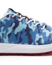 Straight Down Defender Golf Shoe in Camo Ocean, close-up lateral side detail view featuring blue tonal camouflage print upper, red lace eyelet accents, white laces, white midsole, and red traction outsole