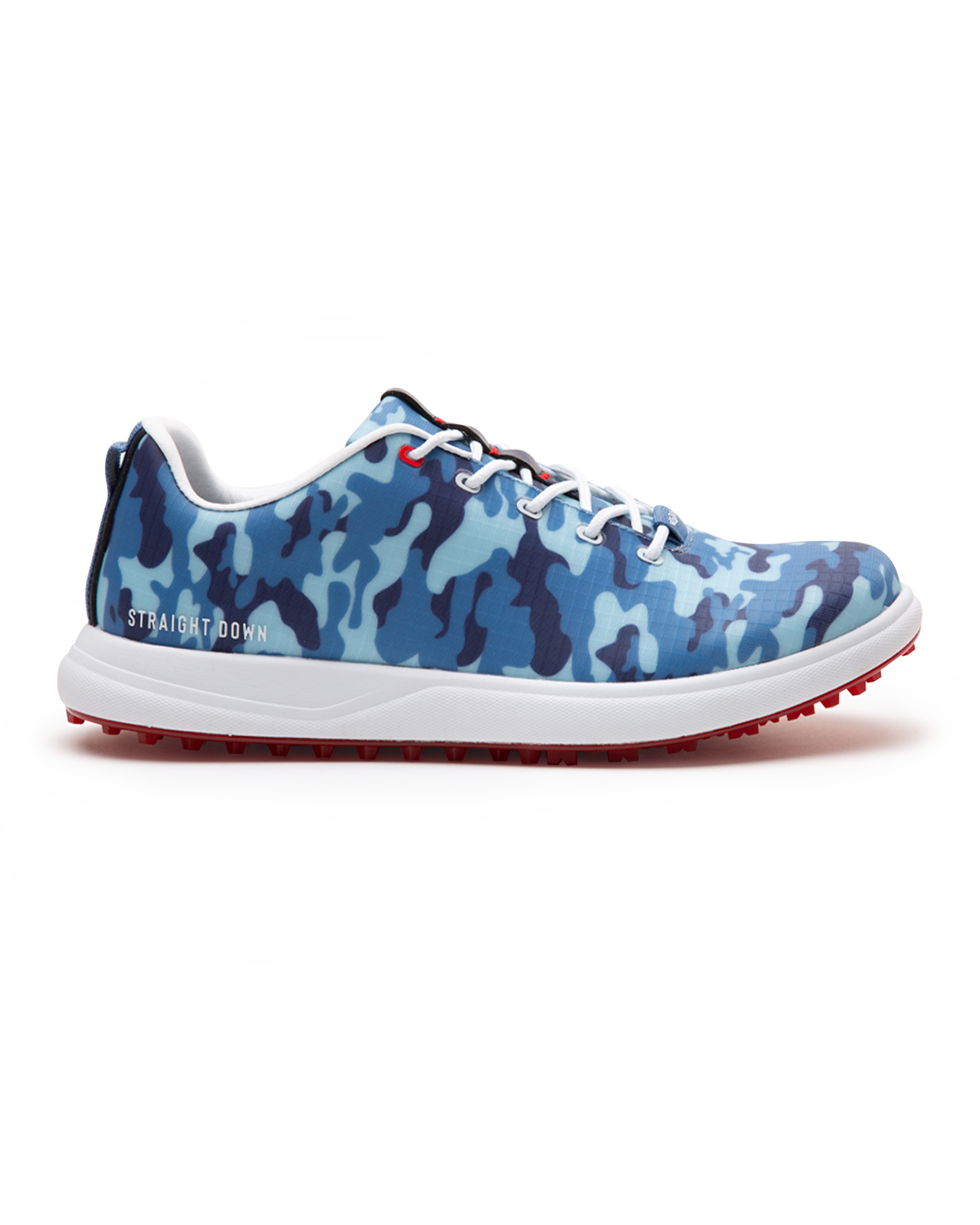 Straight Down Defender Golf Shoe in Camo Ocean, lateral side profile view featuring blue tonal camouflage print upper, red lace hardware accents, white laces, white midsole, and red traction outsole with Straight Down wordmark on side