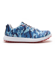 Straight Down Defender Golf Shoe in Camo Ocean, lateral side profile view featuring blue tonal camouflage print upper, red lace hardware accents, white laces, white midsole, and red traction outsole with Straight Down wordmark on side