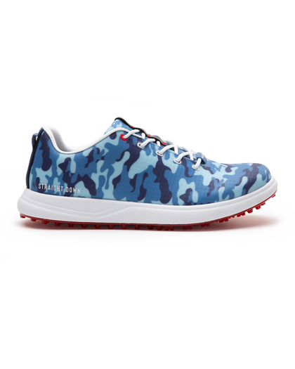 Straight Down Defender Golf Shoe in Camo Ocean, lateral side profile view featuring blue tonal camouflage print upper, red lace hardware accents, white laces, white midsole, and red traction outsole with Straight Down wordmark on side