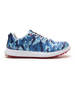 Straight Down Defender Golf Shoe in Camo Ocean, lateral side profile view featuring blue tonal camouflage print upper, red lace hardware accents, white laces, white midsole, and red traction outsole with Straight Down wordmark on side