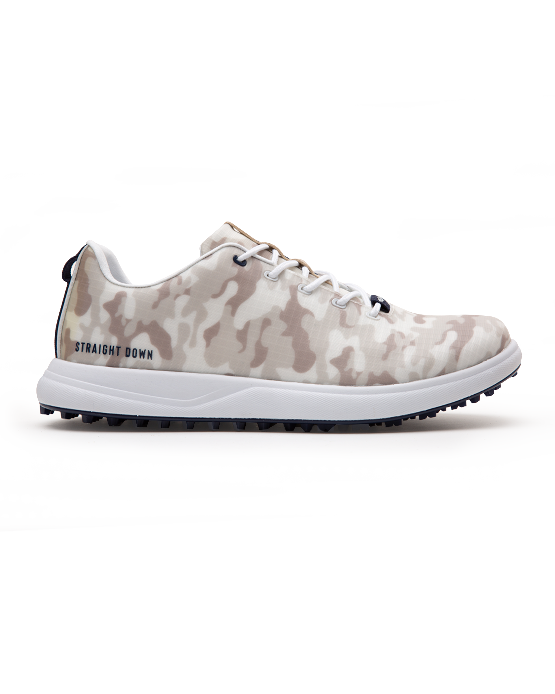 Straight Down Defender Golf Shoe in Camo Stone, lateral side profile view featuring cream and tan desert camouflage print upper, navy lace hardware accents, white laces, white midsole, and navy traction outsole with Straight Down wordmark on side