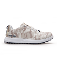 Straight Down Defender Golf Shoe in Camo Stone, lateral side profile view featuring cream and tan desert camouflage print upper, navy lace hardware accents, white laces, white midsole, and navy traction outsole with Straight Down wordmark on side