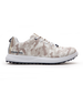 Straight Down Defender Golf Shoe in Camo Stone, lateral side profile view featuring cream and tan desert camouflage print upper, navy lace hardware accents, white laces, white midsole, and navy traction outsole with Straight Down wordmark on side