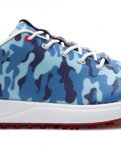 Straight Down Defender Golf Shoe in Camo Ocean, close-up lateral side detail view featuring blue tonal camouflage print upper, red lace eyelet accents, white laces, white midsole, and red traction outsole