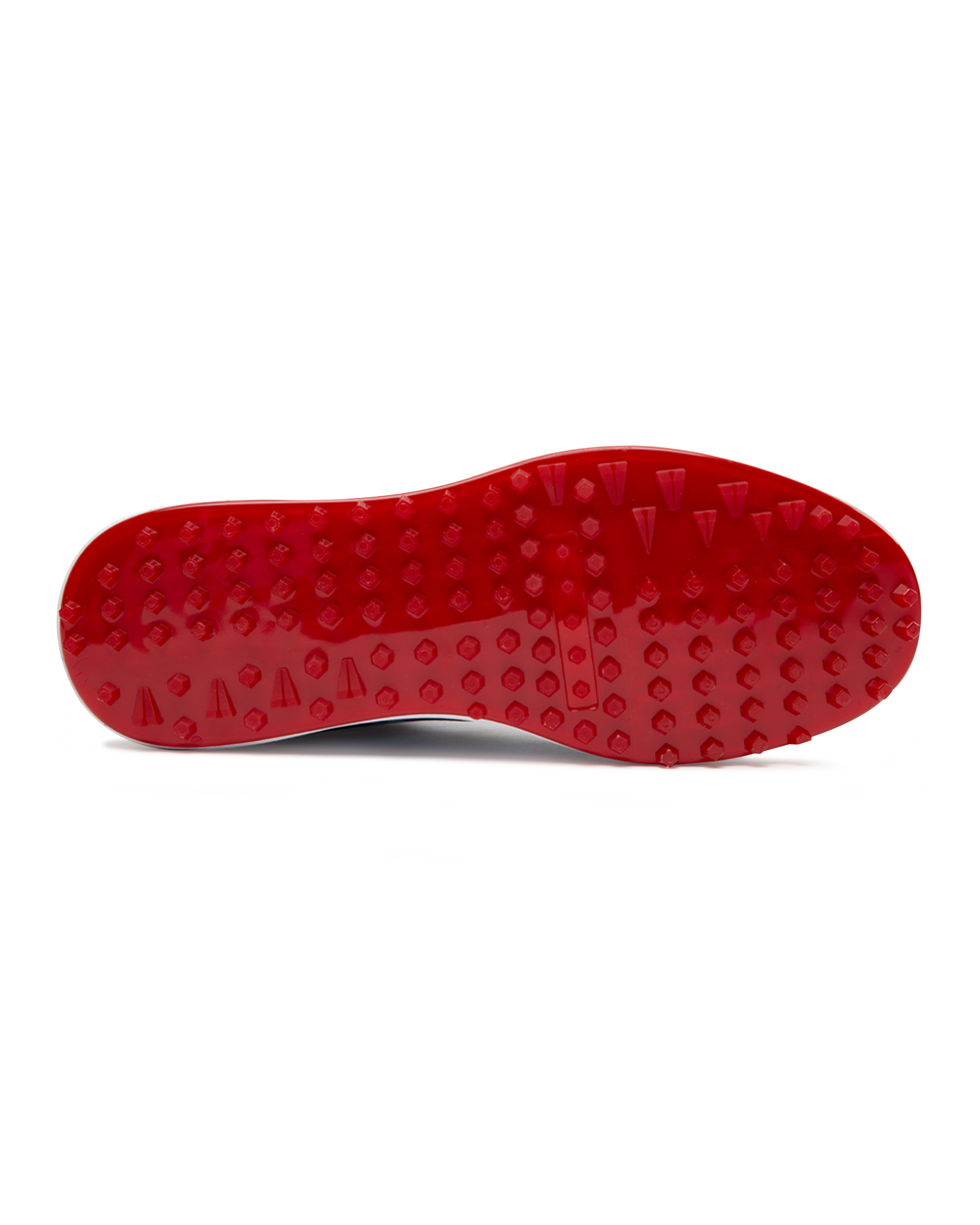 Straight Down Defender Golf Shoe in Camo Ocean, bottom sole view featuring solid red mixed traction outsole with hexagonal and triangular lugs, white midsole edge, and white arch bridge