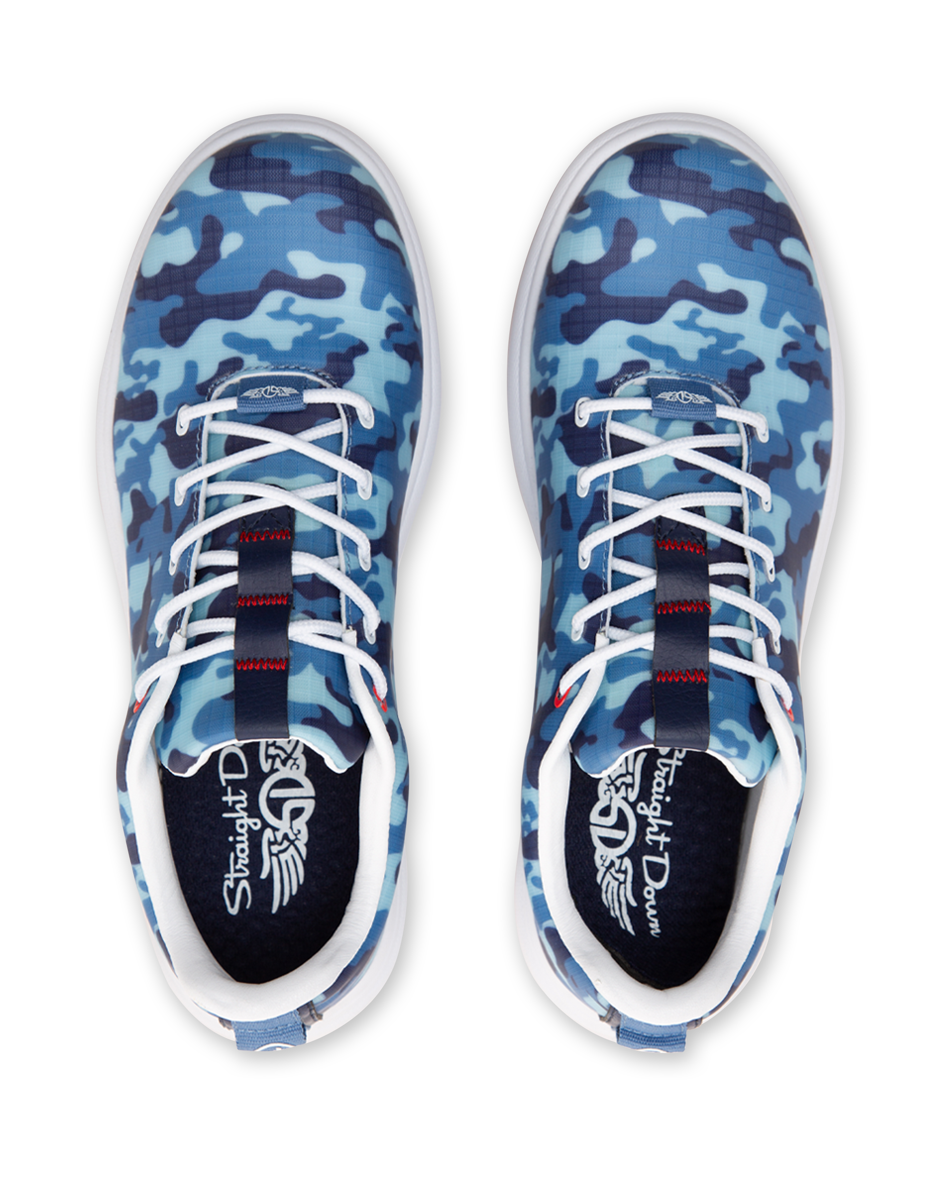 Straight Down Defender Golf Shoe in Camo Ocean, top-down view of pair featuring blue tonal camouflage print upper, navy tongue pull tab with red accent stitching, white laces, and navy Straight Down wing logo insole