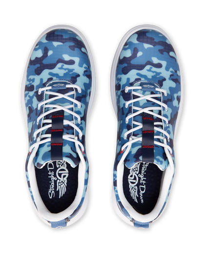 Straight Down Defender Golf Shoe in Camo Ocean, top-down view of pair featuring blue tonal camouflage print upper, navy tongue pull tab with red accent stitching, white laces, and navy Straight Down wing logo insole