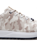 Straight Down Defender Golf Shoe in Camo Stone, close-up lateral side detail view featuring cream and tan desert camouflage print upper, navy lace eyelet accents, white laces, and navy traction outsole