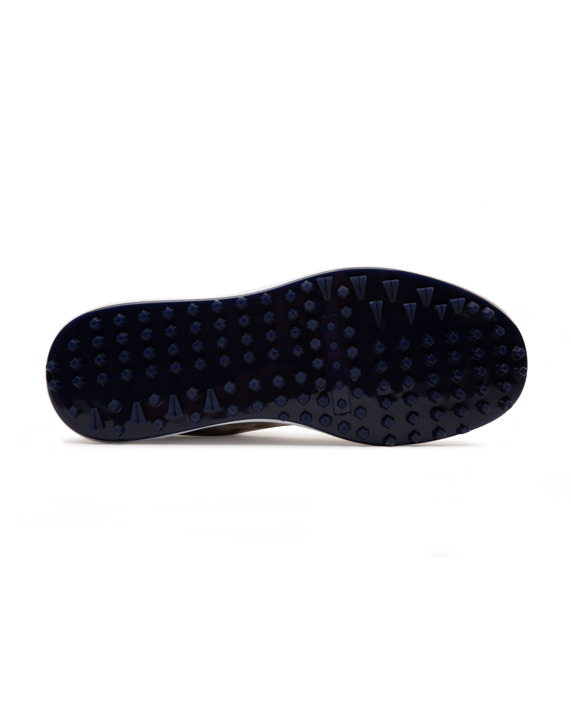 Straight Down Defender Golf Shoe in Camo Stone, bottom sole view featuring navy mixed traction outsole with hexagonal and triangular lugs and white midsole edge