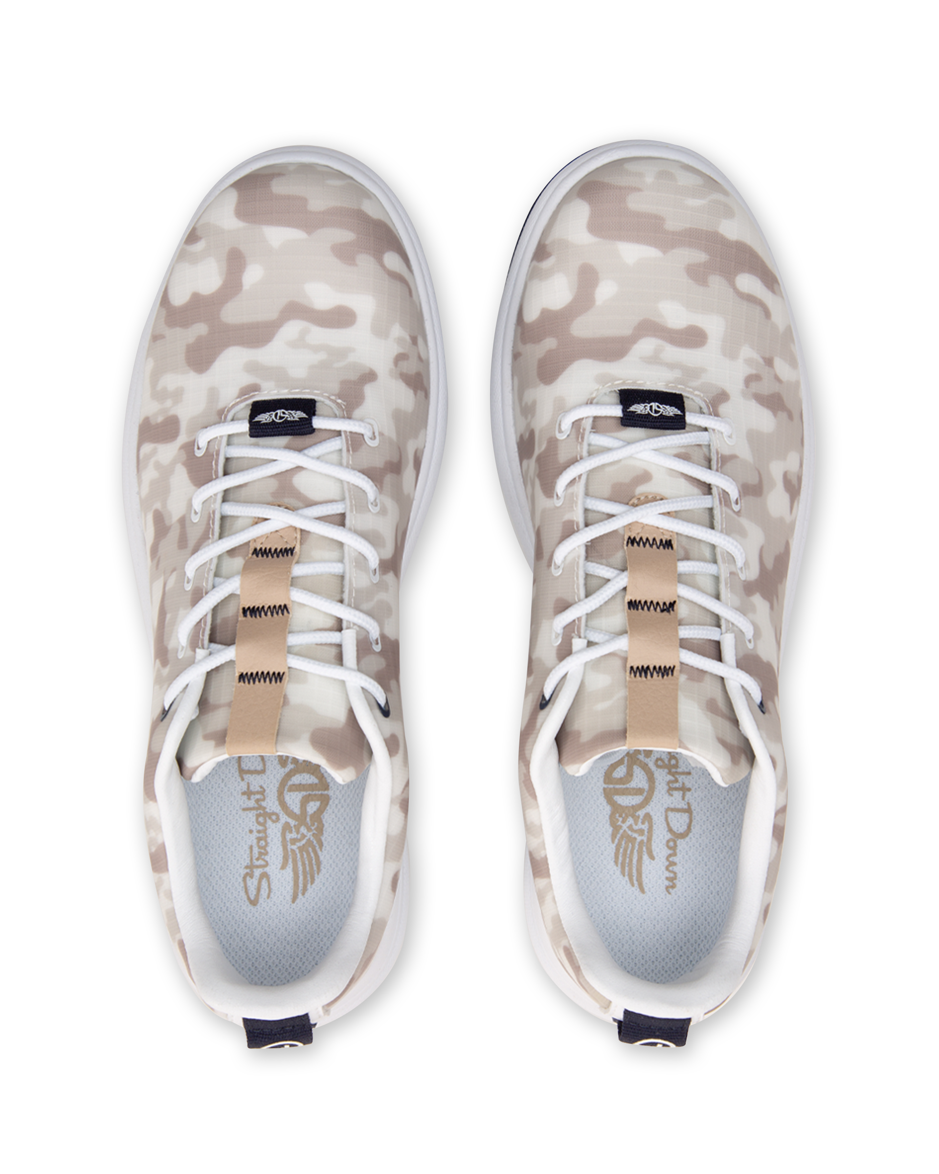 Straight Down Defender Golf Shoe in Camo Stone, top-down view of pair featuring cream and tan desert camouflage print upper, navy Straight Down tongue tab, tan interior pull strap, white laces, and light gray Straight Down wing logo insole