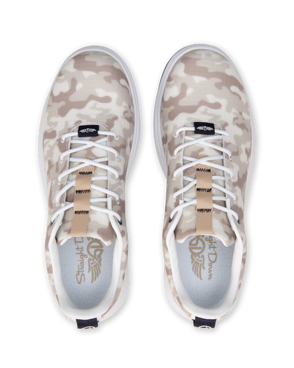 Straight Down Defender Golf Shoe in Camo Stone, top-down view of pair featuring cream and tan desert camouflage print upper, navy Straight Down tongue tab, tan interior pull strap, white laces, and light gray Straight Down wing logo insole