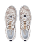 Straight Down Defender Golf Shoe in Camo Stone, top-down view of pair featuring cream and tan desert camouflage print upper, navy Straight Down tongue tab, tan interior pull strap, white laces, and light gray Straight Down wing logo insole