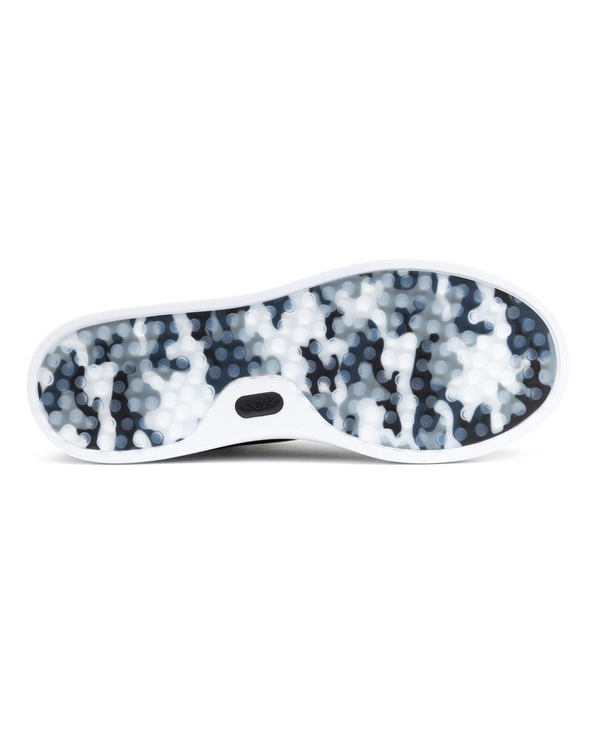 Field V3 Shoes in Black, full outsole view featuring a black and white camo-patterned rubber traction sole with circular grip nubs, white midsole edge, and black Straight Down logo detail on the heel