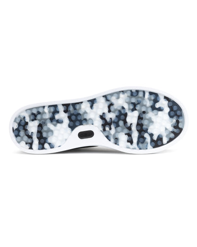 Field V3 Shoes in Black, full outsole view featuring a black and white camo-patterned rubber traction sole with circular grip nubs, white midsole edge, and black Straight Down logo detail on the heel
