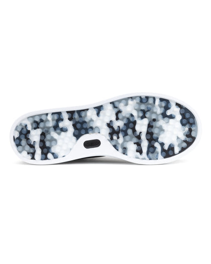 Field V3 Shoes in Black, full outsole view featuring a black and white camo-patterned rubber traction sole with circular grip nubs, white midsole edge, and black Straight Down logo detail on the heel