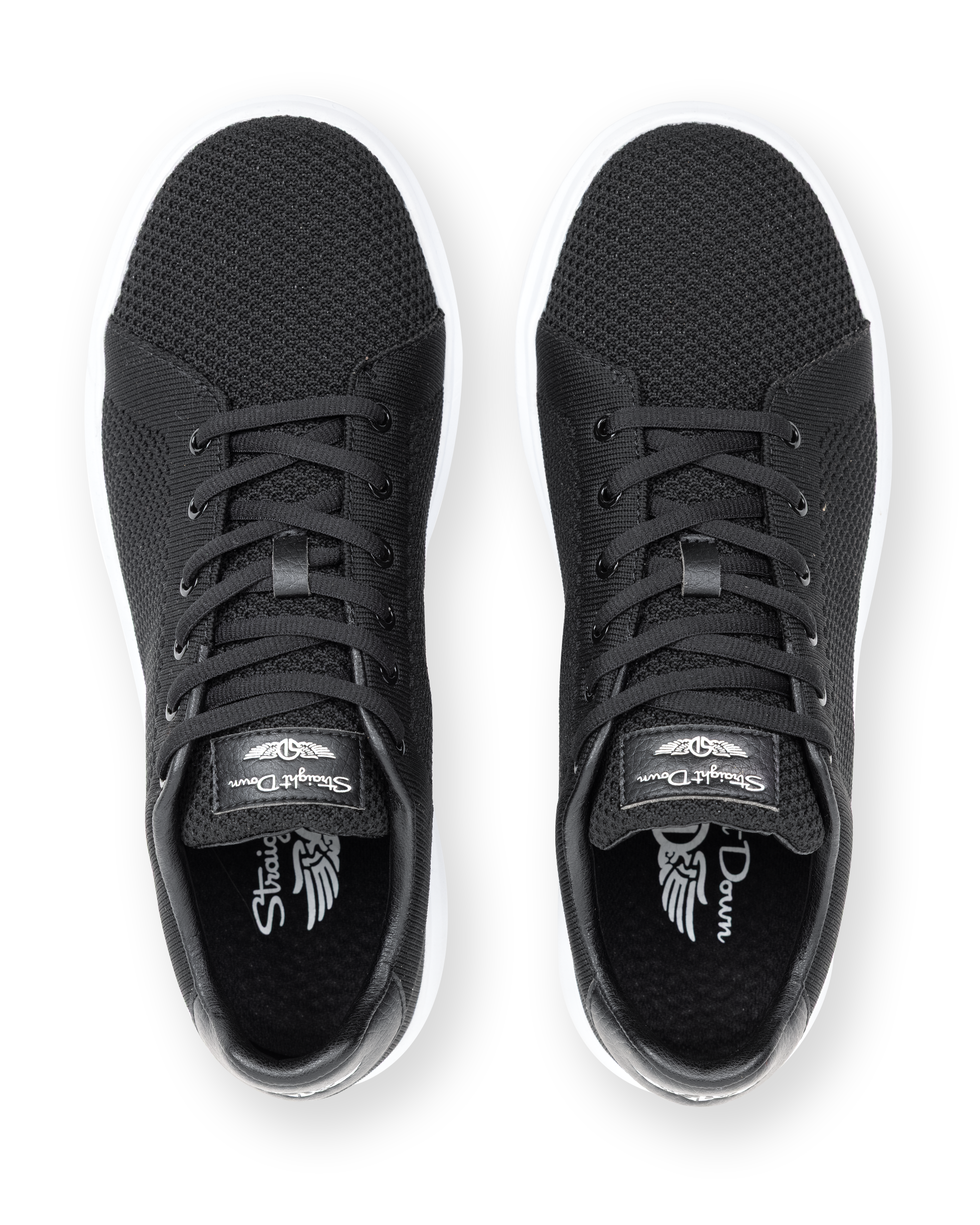 Black sneakers with brand logo on a white background