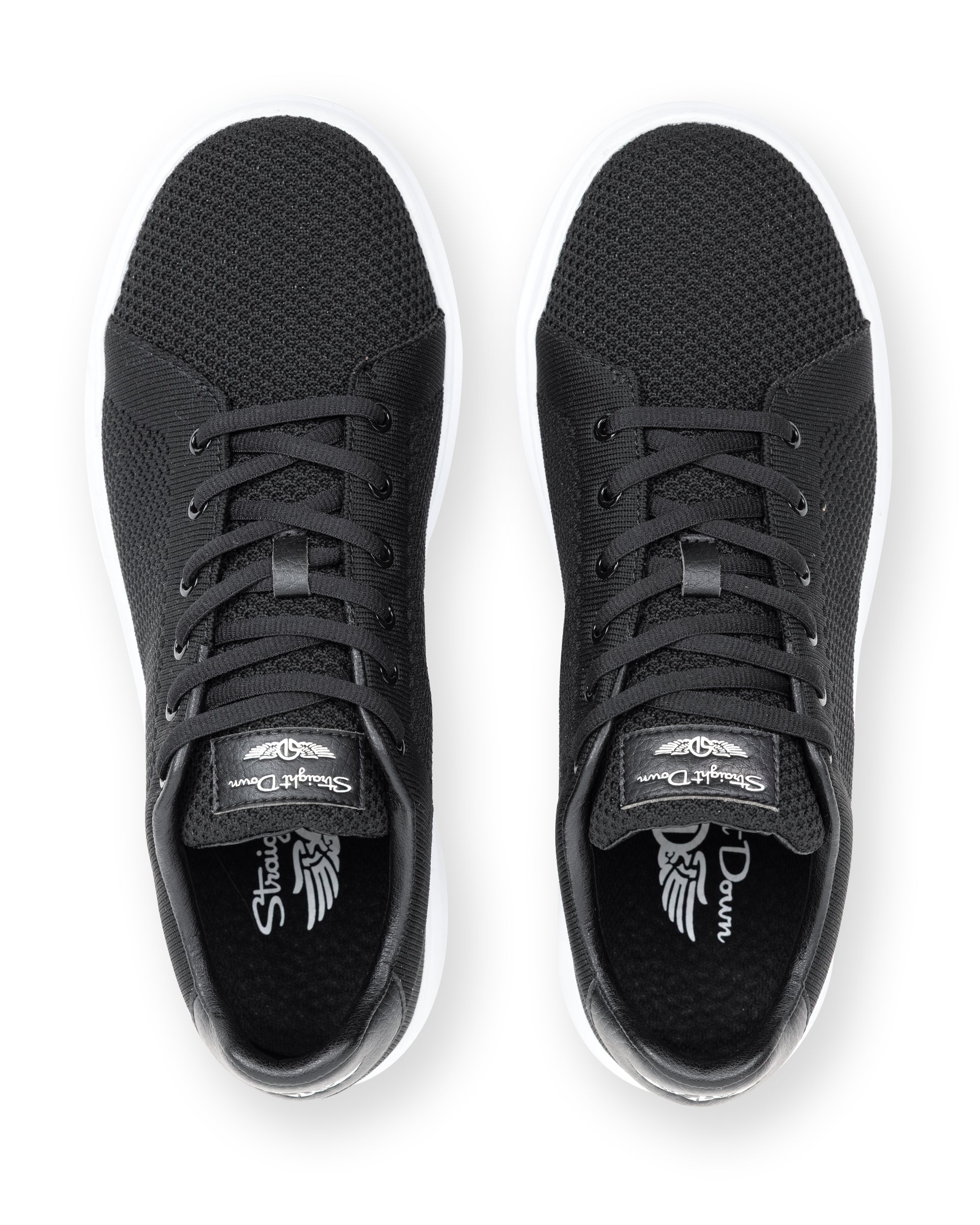 Black sneakers with brand logo on a white background