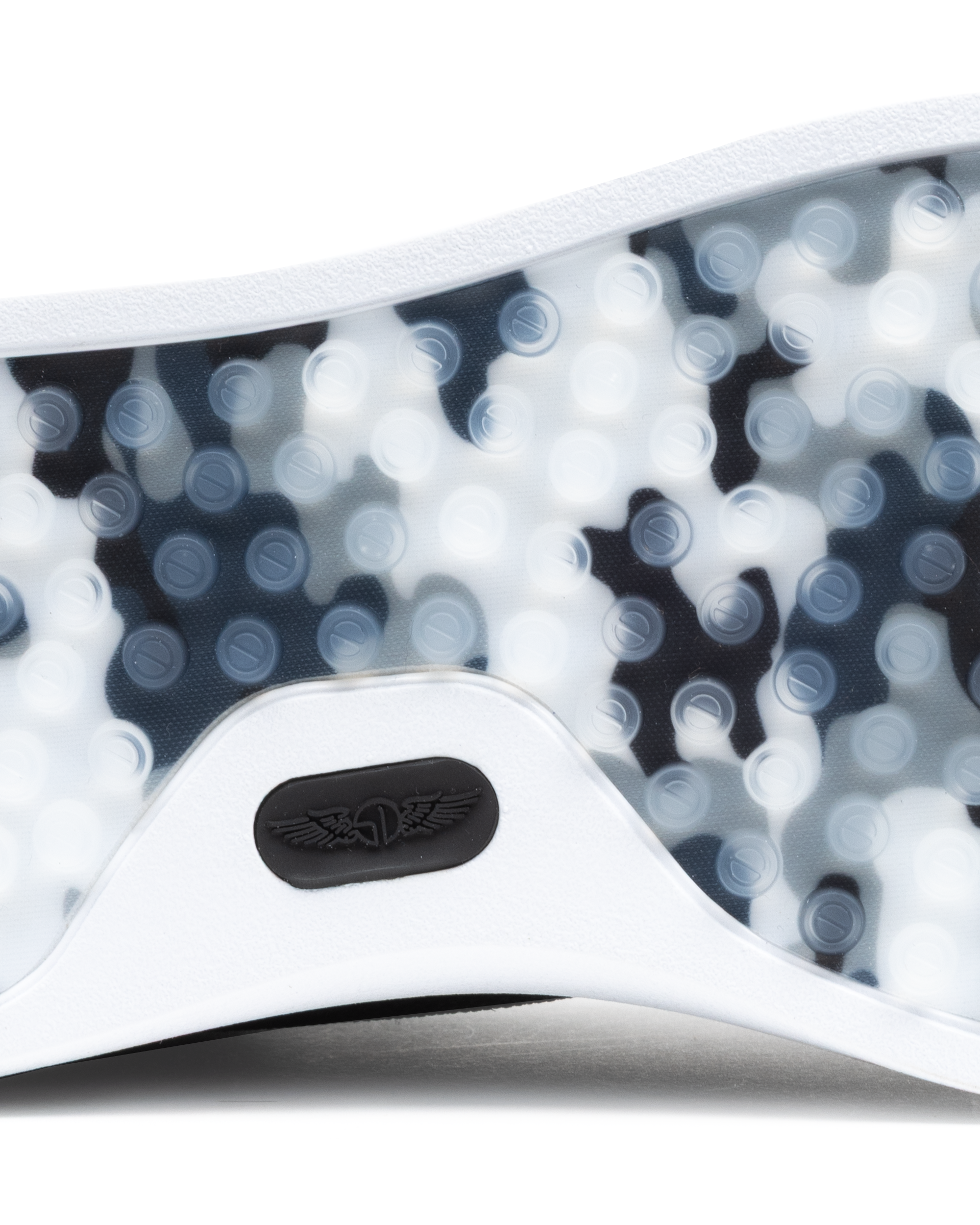 Field V3 Shoes in Black, close-up outsole detail view featuring a black and white camo-patterned rubber traction sole with circular grip nubs and black Straight Down logo detail on the white heel