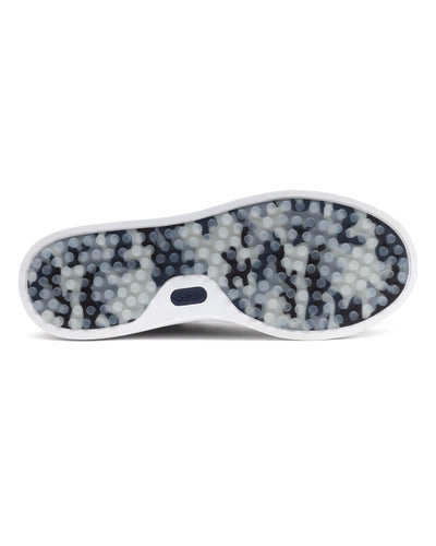 Field V3 Shoes in New Indigo, full outsole view featuring a navy and gray camo-patterned rubber traction sole with circular grip nubs, white midsole edge, and navy Straight Down logo detail on the heel