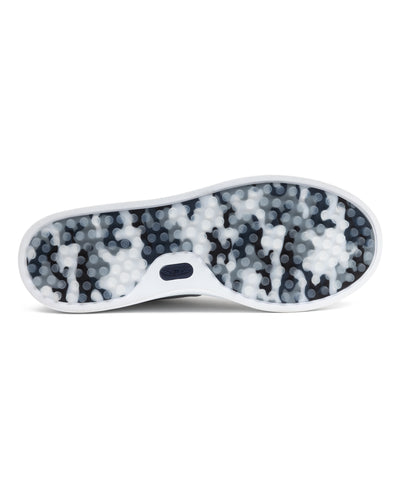 Field V3 Shoes in Silver, full outsole view featuring a black and white camo-patterned rubber traction sole with circular grip nubs, white midsole edge, and navy Straight Down logo detail on the heel
