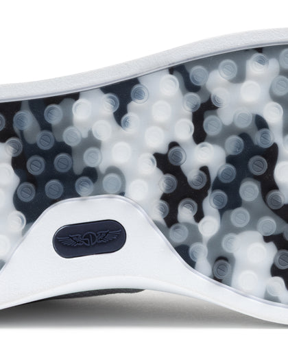 Field V3 Shoes in Silver, close-up outsole detail view featuring a black and white camo-patterned rubber traction sole with circular grip nubs and navy Straight Down logo detail on the heel
