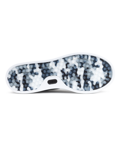 Field V3 Shoes in Black, full outsole view featuring a black and white camo-patterned rubber traction sole with circular grip nubs, white midsole edge, and black Straight Down logo detail on the heel