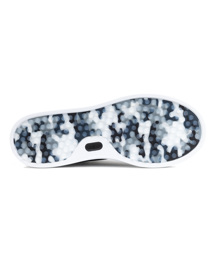 Field V3 Shoes in Black, full outsole view featuring a black and white camo-patterned rubber traction sole with circular grip nubs, white midsole edge, and black Straight Down logo detail on the heel