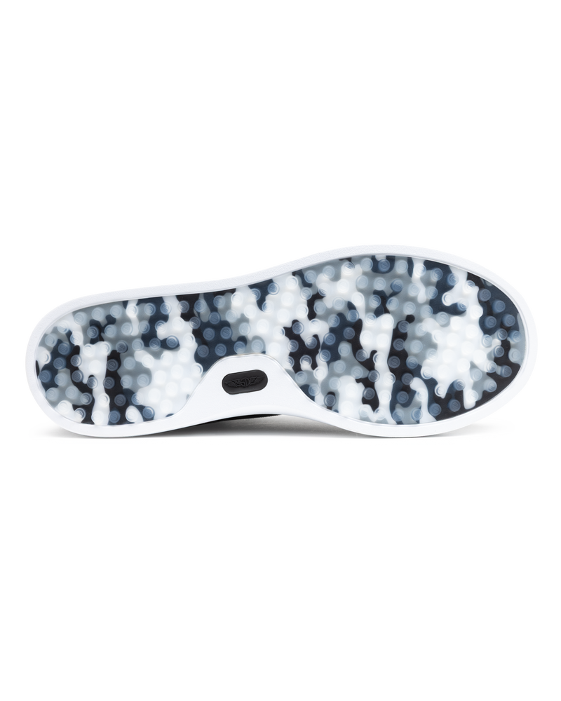 Field V3 Shoes in Black, full outsole view featuring a black and white camo-patterned rubber traction sole with circular grip nubs, white midsole edge, and black Straight Down logo detail on the heel