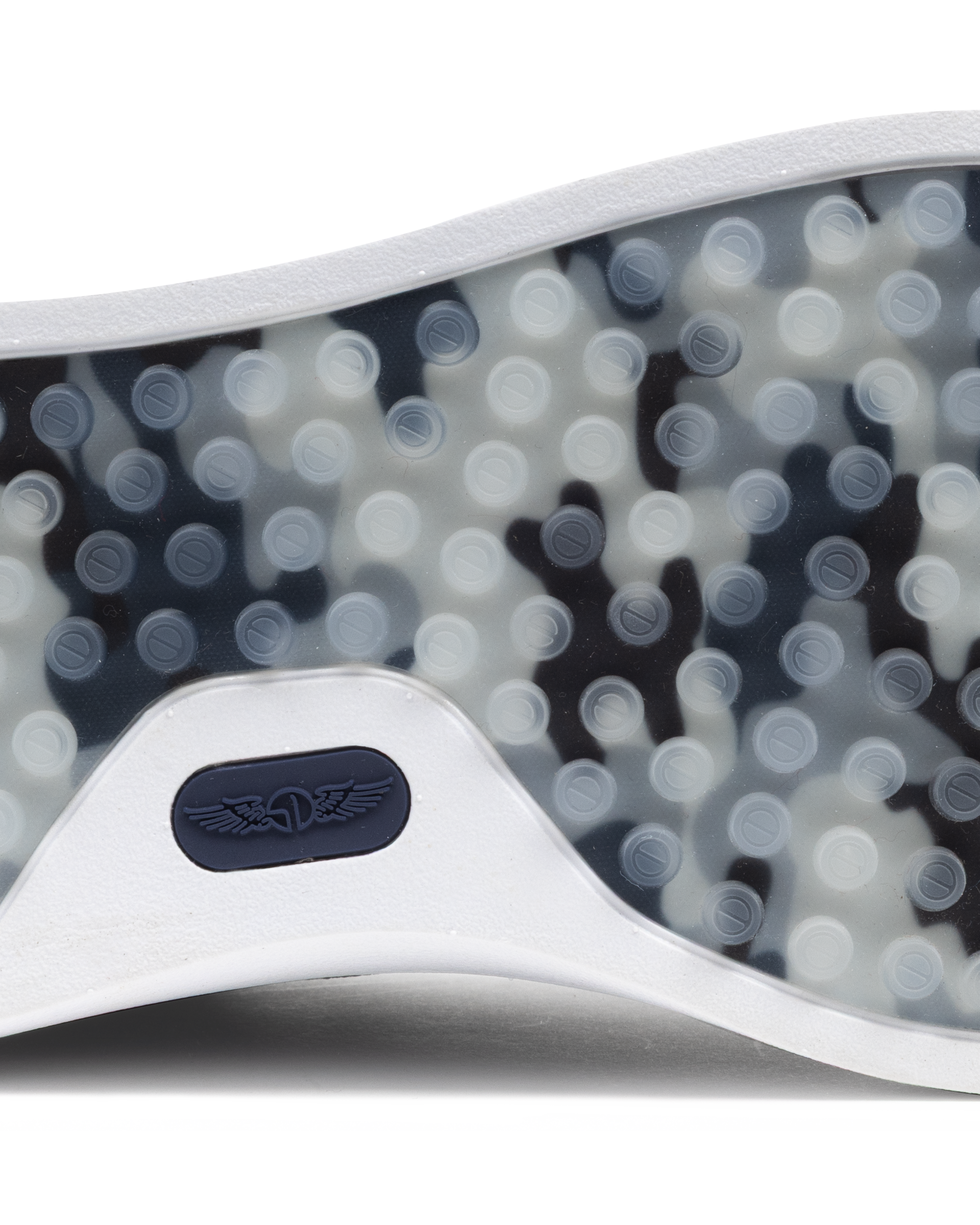 Field V3 Shoes in New Indigo, close-up outsole detail view featuring a navy and gray camo-patterned rubber traction sole with circular grip nubs and navy Straight Down logo detail on the heel