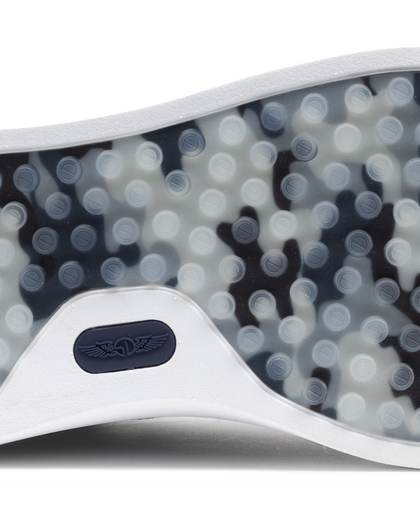 Field V3 Shoes in New Indigo, close-up outsole detail view featuring a navy and gray camo-patterned rubber traction sole with circular grip nubs and navy Straight Down logo detail on the heel