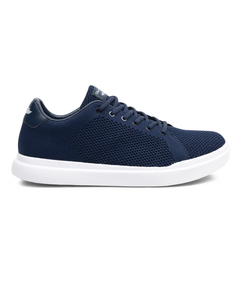Men's Field V3 Shoe in New Indigo, lateral side view featuring a knit mesh upper with lace-up closure, leather heel tab with Straight Down logo, and white midsole