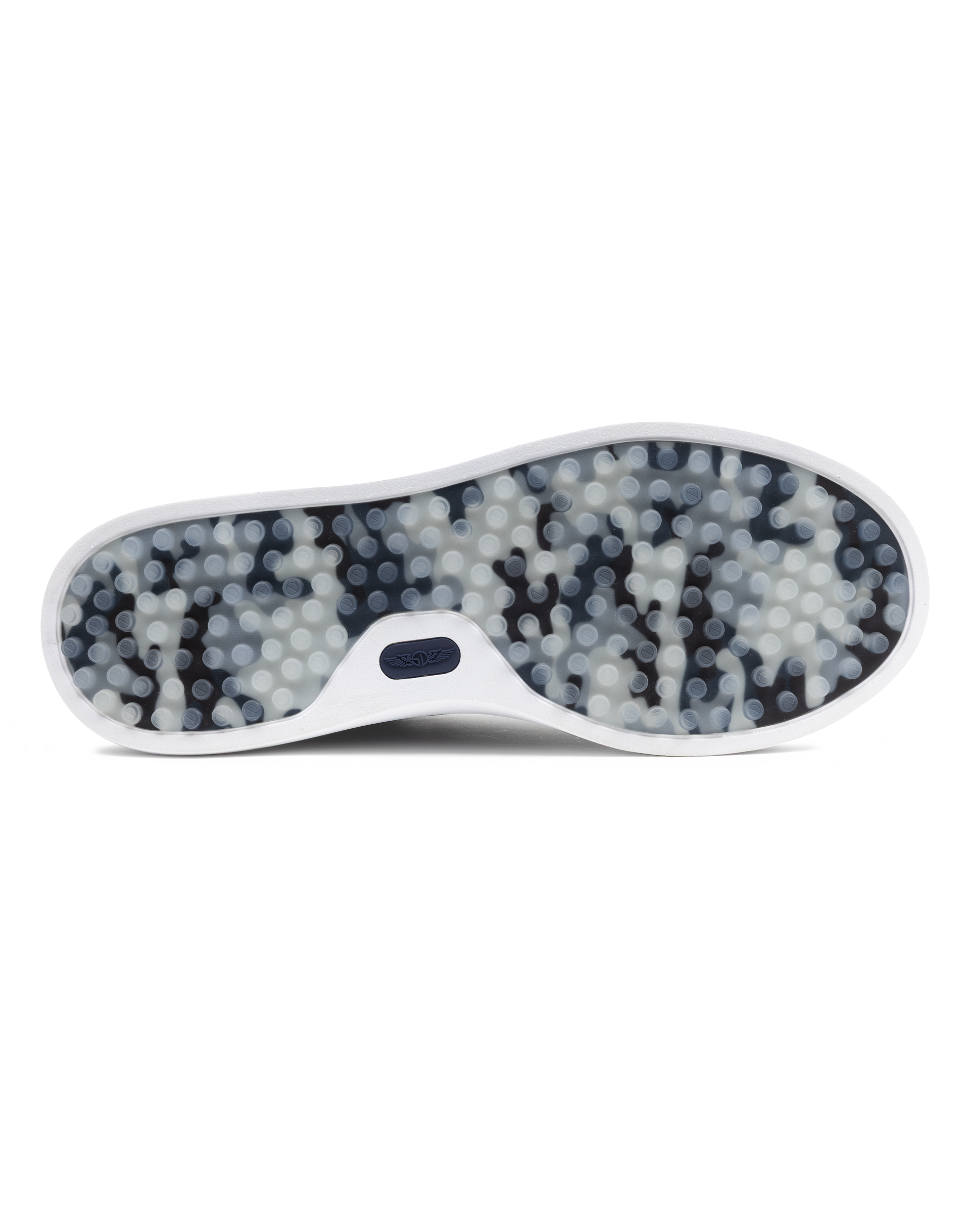 Field V3 Shoes in New Indigo, full outsole view featuring a navy and gray camo-patterned rubber traction sole with circular grip nubs, white midsole edge, and navy Straight Down logo detail on the heel