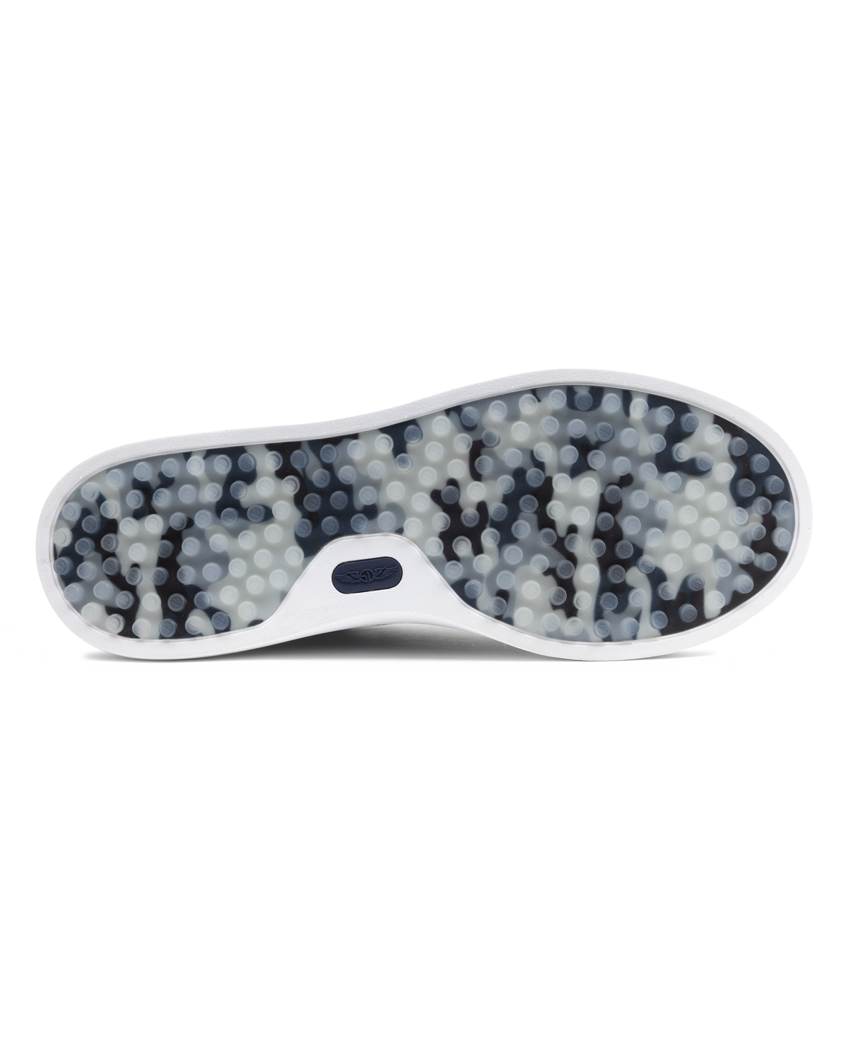 Field V3 Shoes in New Indigo, full outsole view featuring a navy and gray camo-patterned rubber traction sole with circular grip nubs, white midsole edge, and navy Straight Down logo detail on the heel