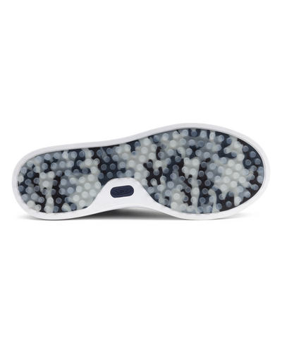 Field V3 Shoes in New Indigo, full outsole view featuring a navy and gray camo-patterned rubber traction sole with circular grip nubs, white midsole edge, and navy Straight Down logo detail on the heel