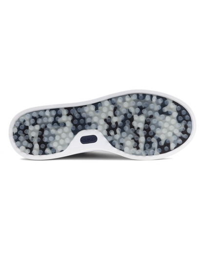 Field V3 Shoes in New Indigo, full outsole view featuring a navy and gray camo-patterned rubber traction sole with circular grip nubs, white midsole edge, and navy Straight Down logo detail on the heel