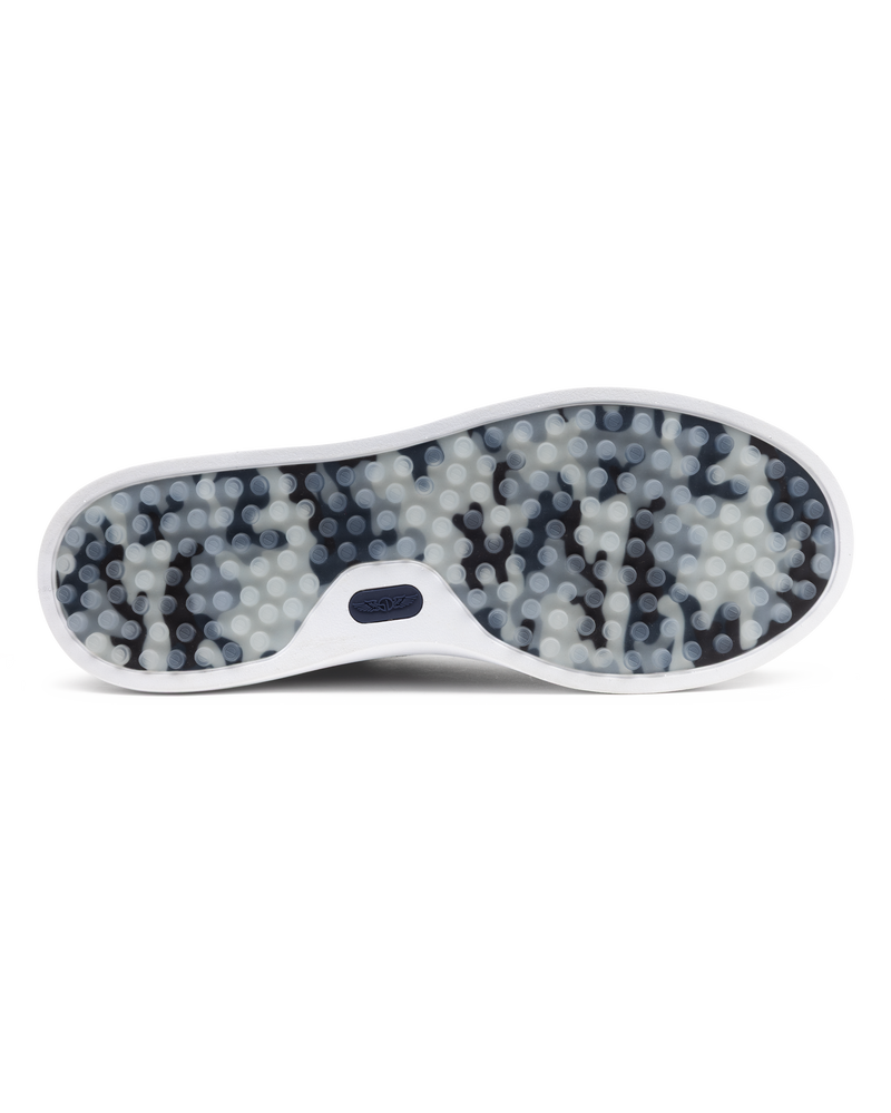 Field V3 Shoes in New Indigo, full outsole view featuring a navy and gray camo-patterned rubber traction sole with circular grip nubs, white midsole edge, and navy Straight Down logo detail on the heel
