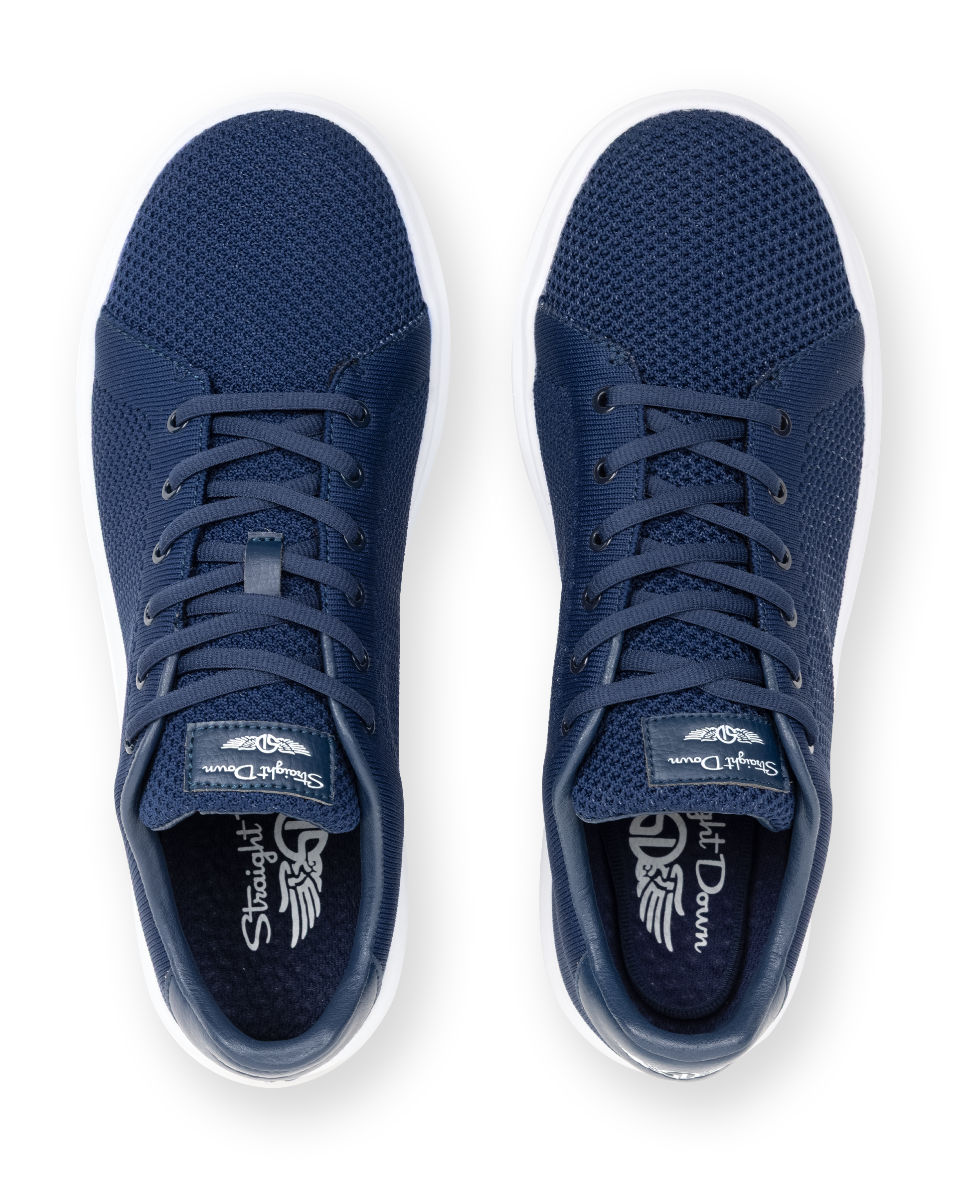 Field V3 Shoes in New Indigo, top-down view featuring a pair of navy blue knit mesh uppers with lace-up closure, Straight Down logo tongue tab, and branded Straight Down insole detail