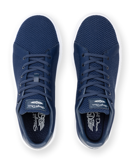 Field V3 Shoes in New Indigo, top-down view featuring a pair of navy blue knit mesh uppers with lace-up closure, Straight Down logo tongue tab, and branded Straight Down insole detail