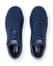 Field V3 Shoes in New Indigo, top-down view featuring a pair of navy blue knit mesh uppers with lace-up closure, Straight Down logo tongue tab, and branded Straight Down insole detail