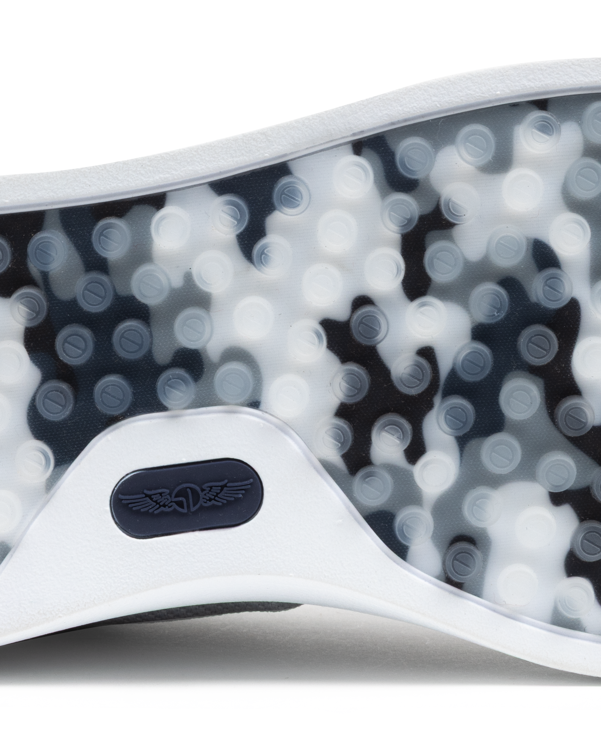 Field V3 Shoes in Silver, close-up outsole detail view featuring a black and white camo-patterned rubber traction sole with circular grip nubs and navy Straight Down logo detail on the heel