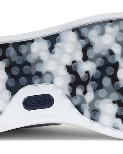 Field V3 Shoes in Silver, close-up outsole detail view featuring a black and white camo-patterned rubber traction sole with circular grip nubs and navy Straight Down logo detail on the heel