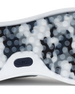 Field V3 Shoes in Silver, close-up outsole detail view featuring a black and white camo-patterned rubber traction sole with circular grip nubs and navy Straight Down logo detail on the heel